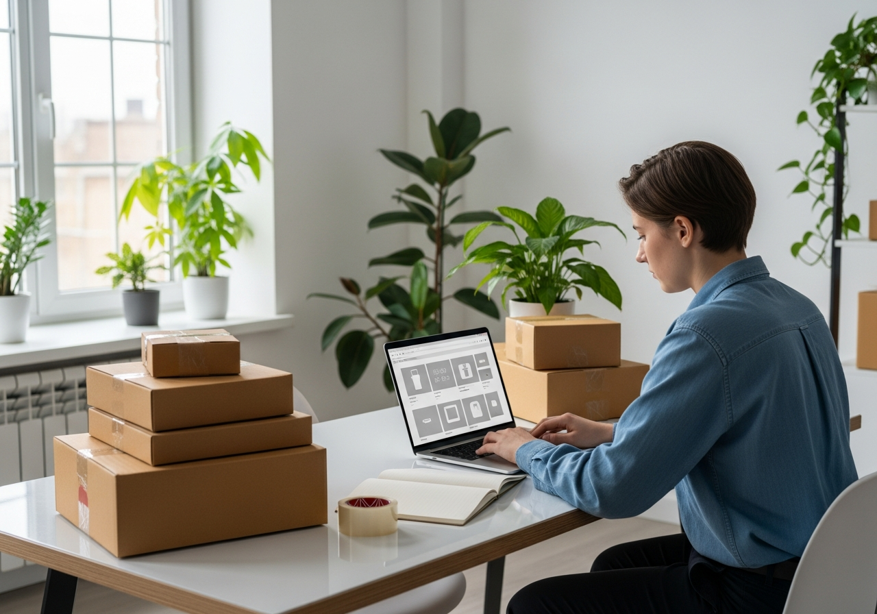 Online-Shop-Arbeitsplatz mit Versandkartons